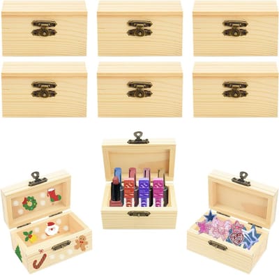 Set van 6 Kleine Houten Dozen - Onbehandelde Mini Schatkistjes met Deksel voor DIY Sieraden, Verjaardagscadeau en Huishoudaccessoires 9 x 5.5 cm