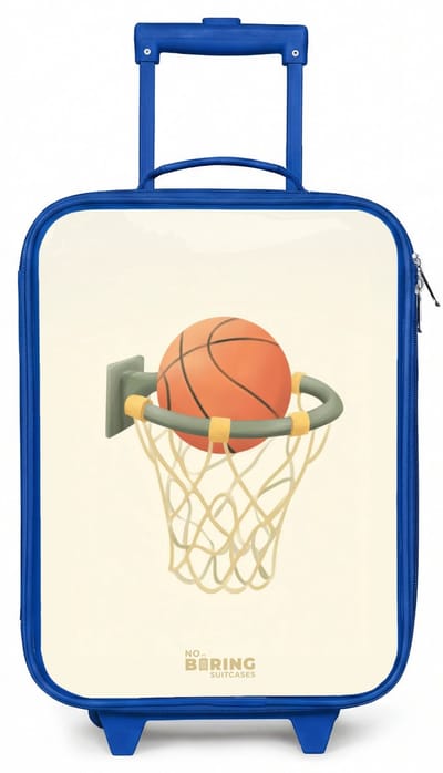 NoBoringSuitcases.com® - Kinderkoffer blauw - Kindertrolley jongen - Basketbal in neutrale kleuren - Koffer kind lichtgewicht - Reiskoffer trolley voor kinderen - Koffertje met lichtgevende wieltjes - Rolkoffer