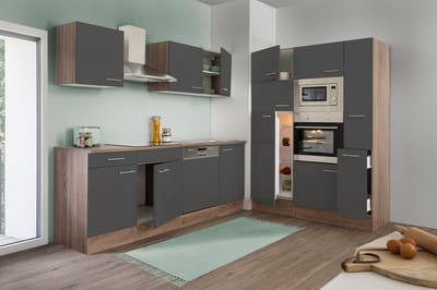 Goedkope keuken 370  cm - complete keuken met apparatuur Oliver  - Donker eiken/Grijs   - keramische kookplaat - vaatwasser - afzuigkap - oven - magnetron  - spoelbak