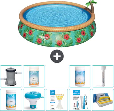 Bestway Rond Opblaasbaar Fast Set Zwembad - Paradijsprint - 457 x 84 cm - Inclusief Pomp - Chloor - Chloordrijver - Testrips - Reparatiesetje - Scrubborstel - PH-min - PH-plus - Thermometer - 10-delig