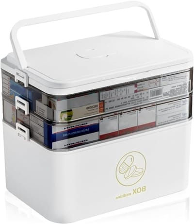 Multifunctionele 3-laagse Medicijnendoos met Handvat, 30 x 24 x 16 cm, Veilig Sluitmechanisme, Ideaal voor Thuisgebruik en Organisatie van Geneesmiddelen