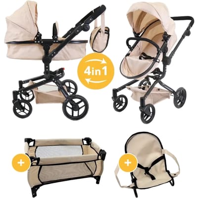 Poppenwagen-buggy, bedje en wippertje, poppen tot 50 cm - Modern Angel 4in1 Sand megapack - Poppenwagen.nl