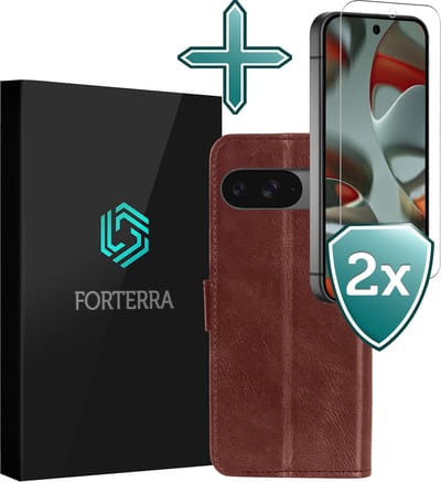 Hoesje Met 2x Screenprotector - Geschikt voor Google Pixel 10 - Luxe Pasjeshouder - Flip Case - Bookcase Portemonee - Kunstleer Book Case - Flipcase Hoes - Book Cover - Walletcase - Portemonneehoes - Bruin