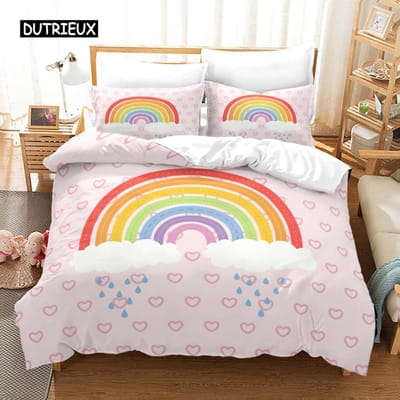 Trendy pastelkleuren regenboog Beddengoedset Baby Kinderen Dekbedovertrek 150x210 135x200 Met Kussenslopen En Rits AU Single(140x210cm)