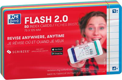 Oxford Flash 2.0 flashcard starterkit, gelijnd, A7, assorti, pak van 80 vel 20 stuks