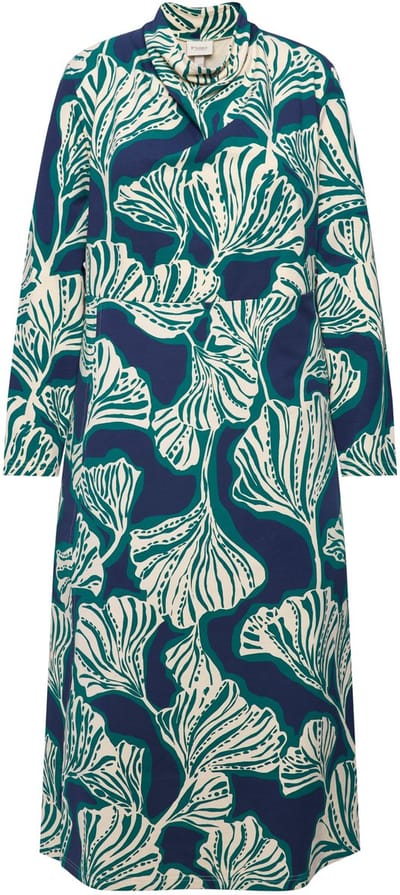 Ulla Popken - Dames - Maxi-sweatjurk bladeren watervalhals lange mouwen - Marine - Maat 42+