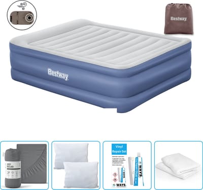 Bestway luchtbed - 2-Persoons - 152 x 203 x 61 cm - Grijs/Blauw - Inclusief pomp - Hoeslaken - Kussen - Kussenbeschermer en Reparatieset