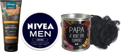 Kneipp Cadeauset Men Papa Topper Warm Wood & Nivea - Kneipp Douche 200 ml Men 2in1 Warm Woods - Nivea Men Creme Blik 150 ml - Theelief Snoepblikje Papa Topper