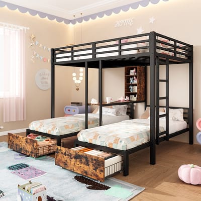 Komhtom Stapelbed, 140 x 200 cm + 90 x 200 cm, 3 bedden, met zijhekken, met opbergvakken, 2 lades, planken, zonder matras, zwart
