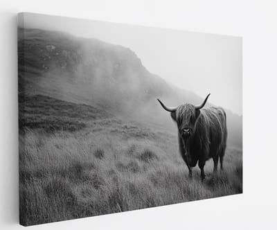 Saammp - Canvas Schilderij - Schotse Hooglander Koe in het hoge gras - Landschap - Dieren - Natuur - 60x40 - Foto op canvas - Wanddecoratie - muurdecoratie Woonkamer - Slaapkamer decoratie - Canvas Print