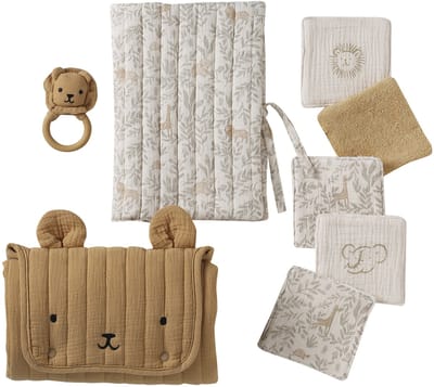 Vertbaudet 8-delige kraamcadeauset: 1 rammelaar, 1 aankleedkussen, 5 doekjes, 1 etui