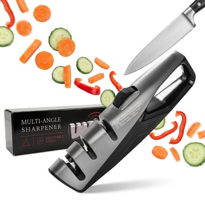 Fokelyi - 4-in-1 Professionele Messenslijper – Anti Slip Knife Sharpener – Doortrekslijper – – Schaarslijper en 3-Traps Messen Slijper in één – RVS