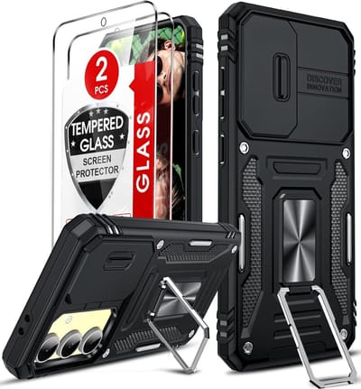 Hoesje Geschikt voor Samsung Galaxy S24 FE hoesje backcover Zwart met Met Draaibare Ring Houder en camera bescherming - Galaxy S24 FE Screenprotector - 2 stuks