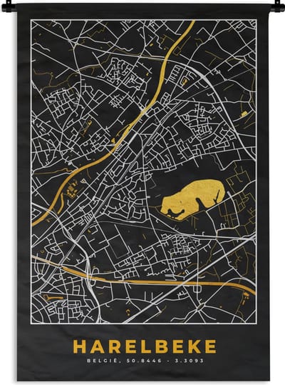 Wandkleed - Wanddoek - Plattegrond - Goud - Harelbeke - Stadskaart - Kaart - 120x180 cm - Wandtapijt