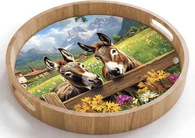 Dienblad rond 40x40 cm - Schootdienblad hout - Ezels - Bloemen - Zomers - Borrelplank rechthoek - Plateau houten dienbladen