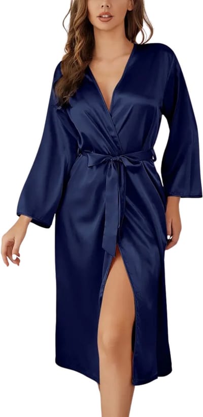 Livano Satijnen Badjas Dames - Kimono - Kamerjas - Satijn - Ochtendjas - Pyjama - Marineblauw - Maat S