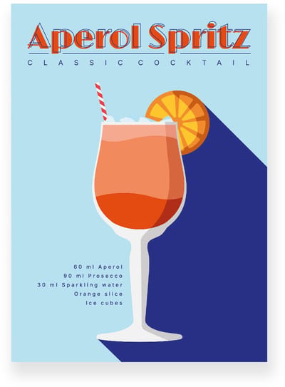 Poster 20x30 cm - Aperol Spritz - Cocktail Recept - Oranje - Blauw - Retro - Art deco - Muurdecoratie - Wanddecoratie