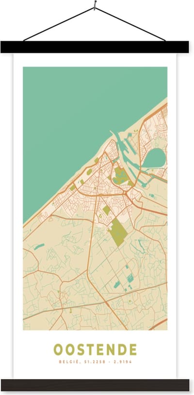Posterhanger incl. Poster 40x80 cm - Schoolplaat - Kaart - Plattegrond - Vintage - Stadskaart - Oostende - Textielposter - Zwarte latten - Stadskaart