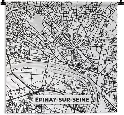 Wandkleed - Wanddoek - Frankrijk - Plattegrond - Épinay-sur-Seine - Stadskaart - Kaart - Zwart wit - 180x180 cm - Wandtapijt