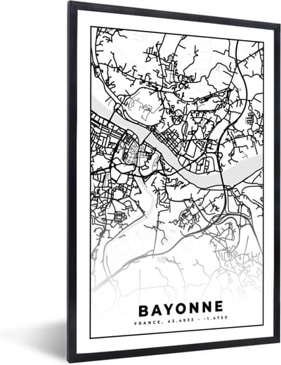 Fotolijst incl. Poster Zwart Wit- Plattegrond - Kaart - Bayonne - Frankrijk - Stadskaart - Zwart wit - 40x60 cm - Posterlijst