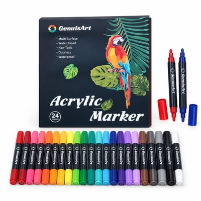 Dubbelzijdige acrylmarkers - 24 kleuren, variant B - Mengbaar in lagen, watervast en sneldrogend - Ronde punten voor tekenen en doodlen - Basisverpakking