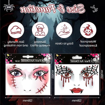 Horror Gezichts Tatoeages Set voor Halloween, Spinnenweb en Littekens, Perfect voor Feestjes en Carnaval
