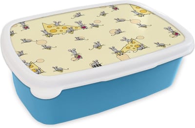 Broodtrommel Blauw - Lunchbox - Brooddoos - Kaas - Dieren - Patronen - Muizen - 18x12x6 cm - Kinderen - Jongen