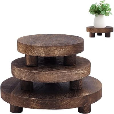3 stuks houten verhogers voor decoratie, platte ronde houten displaybasis, riser-standaard, houten voetstuk, rustieke boerderijverhoger voor thuis, keuken (bruin, 20,6/5 cm)