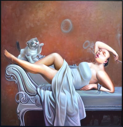 Fine Asianliving Olieverf Schilderij 100% Handgeschilderd Zwarte Omlijsting 100x100cm Chinese Vrouw met Sigaar Wit