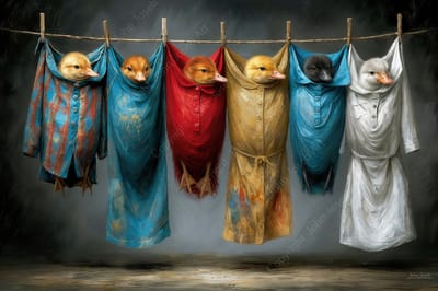 John Joseb Art (Aluminium) 120x80 | Grappige eenden kuikens hangen te drogen aan waslijn, humor, kleding, vogel, dier, eend, kuiken, kleurrijk, kunst geel, rood, blauw, modern | foto-schilderij op dibond, metaal wanddecoratie. 1289