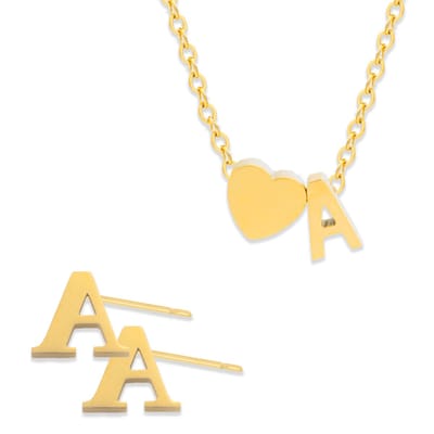 Initiaal Ketting & Oorbellen set met Letter A Goudkleurig - Stainless Steel - Met letter & Hartje! - 2x Sieraden Cadeau - Pax Amare