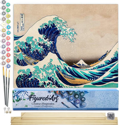 Figured'Art Schilderen op Nummer Volwassenen canvas De grote golf van Kanagawa door Katsushika Hokusai- Handwerk acrylverf Kit DIY Compleet - 40x50cm met DIY houten lijst