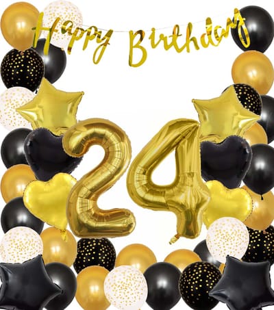 Snoes Ballonnen 24 Jaar Black Gold Dots Mega Ballon - Compleet Feestpakket Goud Zwart Stippen Cijferballon 24 - Verjaardag Versiering DIY Slinger Happy Birthday – Folieballon – Latex Ballonnen - Helium Ballonnen