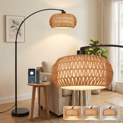 MUPOO Rotan Vloerlamp - Boho Leeslamp Woonkamer - E27 Staande lamp - met afstandsbediening - Stoffen Lampenkap - Dimbaar - 185cm - voor gebruik in slaapkamers