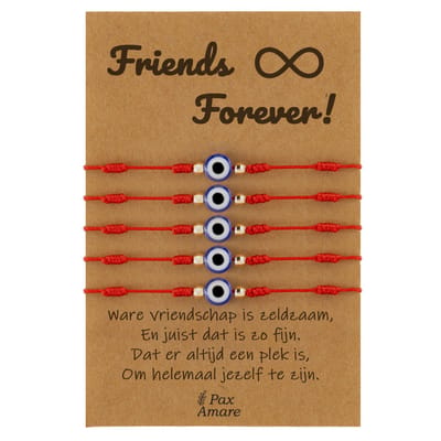 Vriendschapsarmbandjes voor 5 " Friends Forever ∞" - Blauw Oogje - BFF Armbandjes met Persoonlijk Cadeau Kaartje - Rood - Elastisch Verstelbaar - Pax Amare