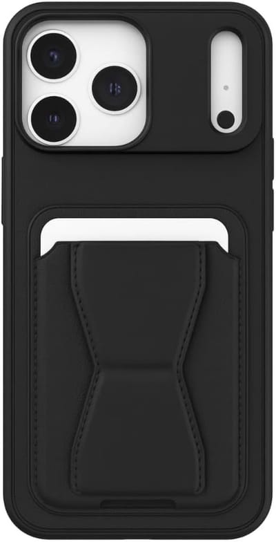 Schokbestendige Backcover met Kaarthouder & Ingebouwde Standaard – PU Leer – Luxe Bescherming & Comfortabele Grip Geschikt voor: iPhone 17 Pro - zwart