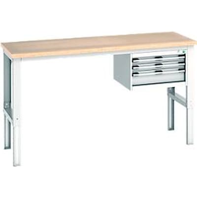 Bott cubio werkbank, handmatig in hoogte verstelbaar, beuken multiplex blad, B 2000 x H 740-1140 mm, tot 600 kg, stalen frame, lichtgrijs RAL 7035, 3 laden