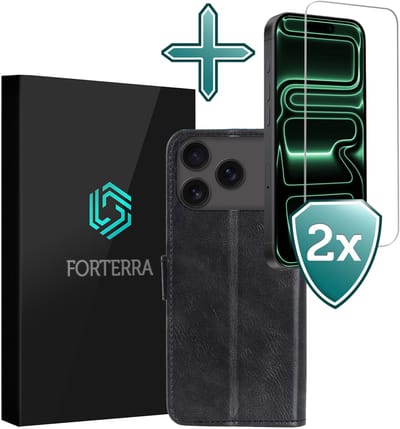 Hoesje Met 2x Screenprotector - Geschikt voor Apple iPhone 17 Pro - Luxe Pasjeshouder - Flip Case - Bookcase Portemonee - Kunstleer Book Case - Flipcase Hoes - Book Cover - Walletcase - Portemonneehoes - Zwart