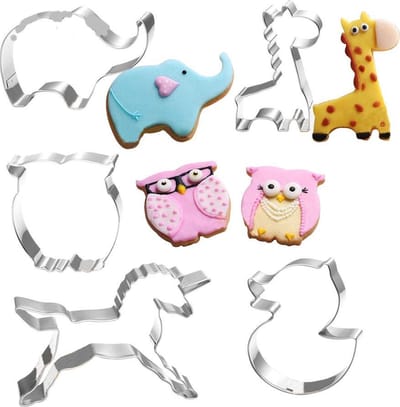 Winkrs | Uitsteekvormpjes Dieren 5x | Eenhoorn, olifant, uil, giraffe, eend | Bakvorm, cakevorm, koekvorm | RVS