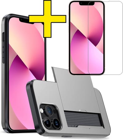 Hoesje Geschikt voor iPhone 14 Pro Hoesje Case Pashouder Hard Cover Met Screenprotector - Hoes Geschikt voor iPhone 14 Pro Hoesje Met Kaarthouder - Grijs