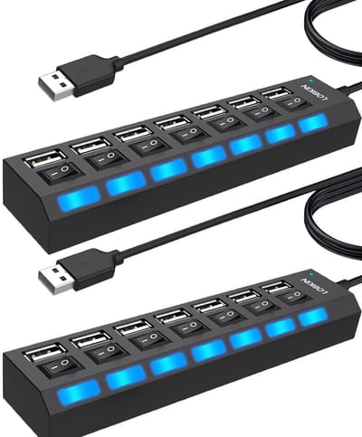 GELLDG 2 stuks 7-poorts USB-hubs - Draagbaar - USB 2.0-hubs - Met aparte LED-aan/uit-schakelaar - Computeraccessoires - Geschikt voor laptops, pc's, MacBooks en andere USB-apparaten