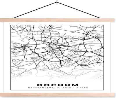Posterhanger incl. Poster 90x60 cm - Schoolplaat - Kaart - Stadskaart - Bochum - Plattegrond - Textielposter - Blanke latten - Stadskaart