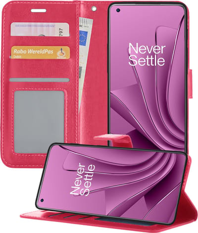 Hoesje - Met Pasjeshouder - Geschikt voor OnePlus 10 Pro - Luxe Bookcase Portemonee - Flip Case - Kunstleer Book Case - Flipcase - Book Cover - Walletcase - Portemonneehoes - Telefoonhoesjes - Donkerroze