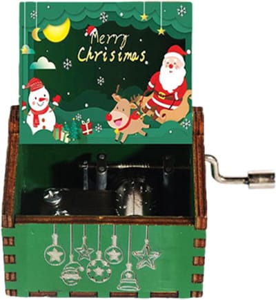 Kerst Muziekdoos - Houten Doosje - Feestelijke Decoratie - Handslinger Melodie - 6.4 cm - Houtkleur