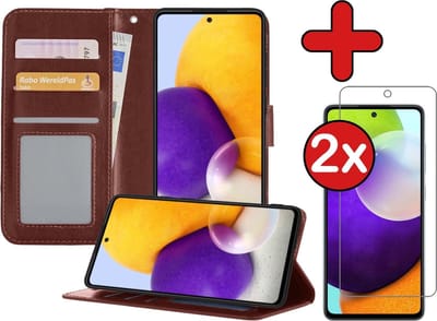 Hoesje - Met 2x Screenprotector - Geschikt voor Samsung Galaxy A52 5G - Luxe Pasjeshouder - Flip Case - Bookcase Portemonee - Kunstleer Book Case - Flipcase Hoes - Book Cover - Walletcase - Portemonneehoes - Telefoonhoes - Bruin
