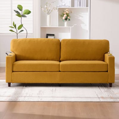 STILVORA Zitbank - Modern Chenille Sofa - 2-Persoons - Met USB-C, LED-Verlichting, Drinkhouders & Zijzakken - Voor Woonkamer, Slaapkamer of Kantoor - Mustard Geel