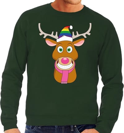 Foute kersttrui - Gay Rudolf het rendier - groen - voor heren - met regenboog kerstmuts S