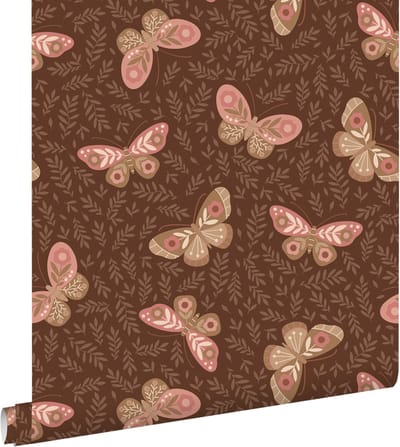 ESTAhome behang vlinders donkerbruin en roze - 50 x 900 cm - 131888