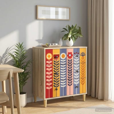 vidaXL - Ladekast - ESSEN - Zonnebloemprint - 66 - x - 36,5 - x - 75 - cm - Bewerkt - hout