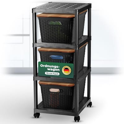 Novaliv rolwagen 4 niveaus met 3x rotan mand zwart & houten deksel, badkamerplank badkamer keuken opbergwagen zijwagen universele wagen schoonmaakwagen opbergorganizer